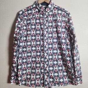 Rock Roll N Soul Shirt Mens Medium White Navy Red Skull Print Casual Button Down